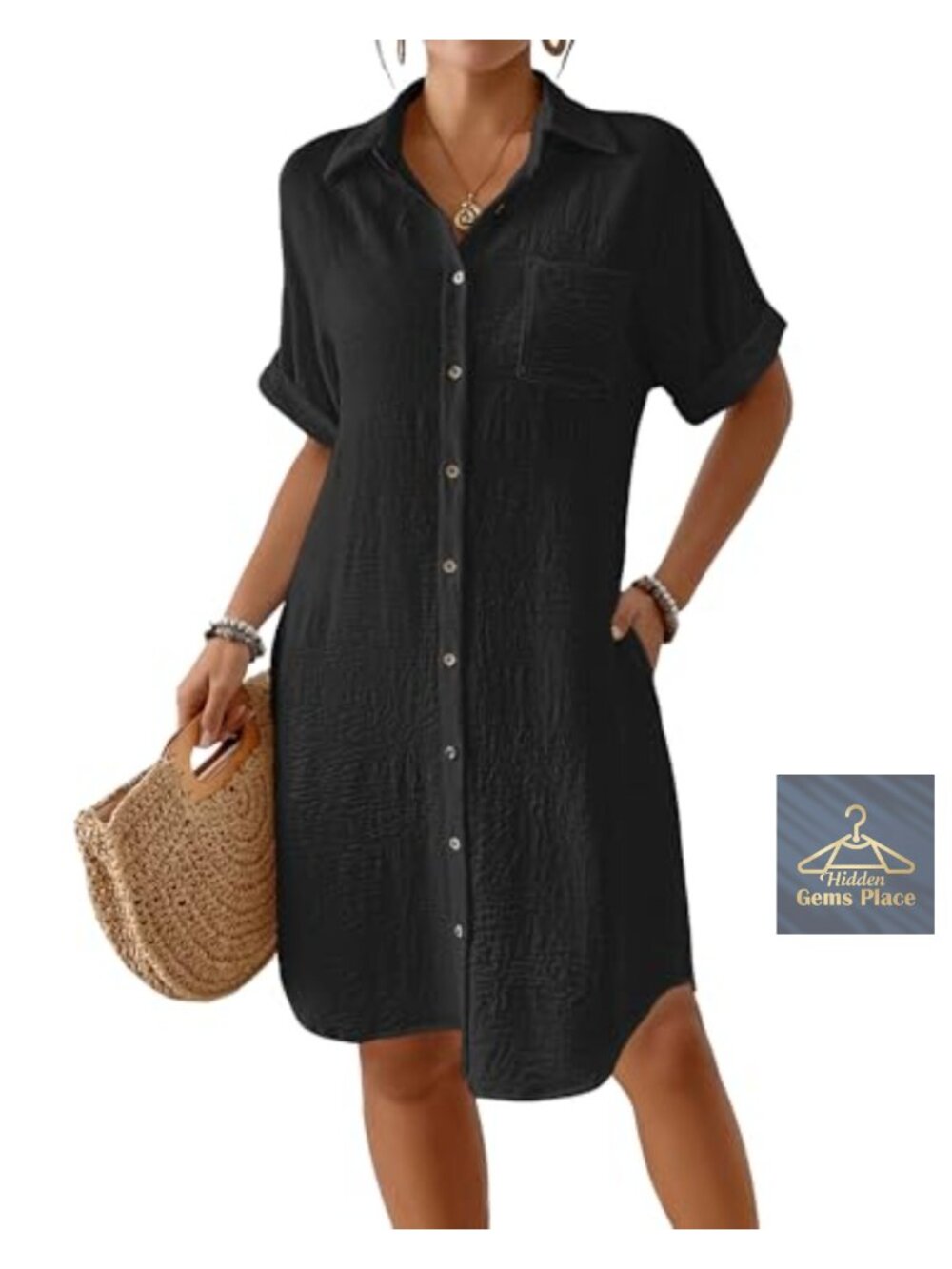 Button Down Swim Coverup Knee Length Beach Shirt Dress with Pockets